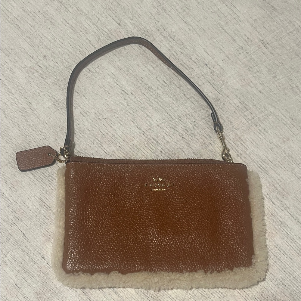 Coach Tan Leather Wristlet with Shearling Trim